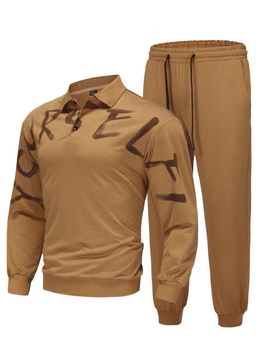 Manfinity Homme Conjunto casual de camisa de manga larga con botones delanteros estampados y pantalones para hombre