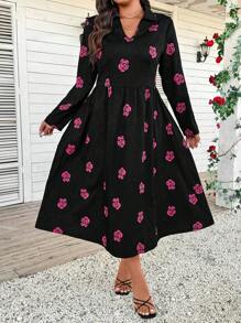 SHEIN LUNE Plus Size Women Elegant Woven Damask Rose V-Neck Mid-Length Dress, Casual For Spring Valentine's Day Fall Cloth For Women - Black - View 3
