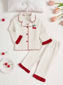Baby Girl 2pcs/Set Casual Cherry Embroidered Long Sleeve Pajama Set