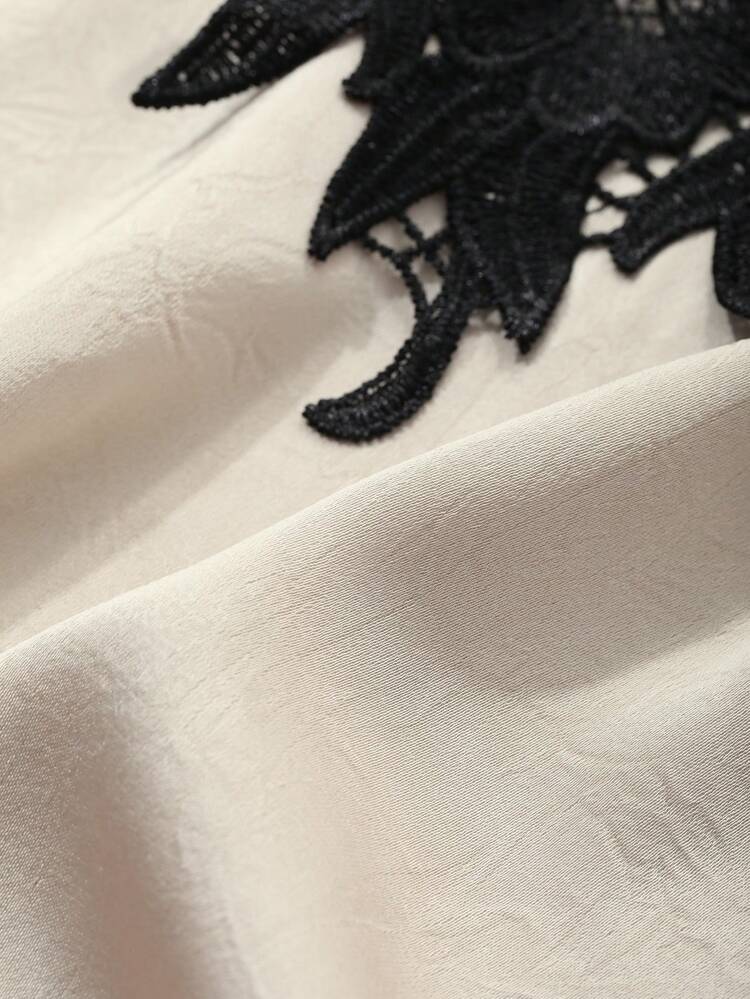 Satin Patchwork Contrast Color Lace Camisole Long Nightgown Pajama