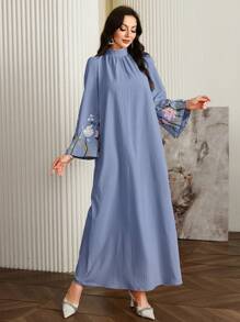 Al Najma Women's Floral Print Stand Collar Long Sleeve Casual Loose Dress, Elegant Tunic Arabian Dresses, For Casual Daily/Travel/Holiday/Vacation,Modest - Dusty Blue - View 4