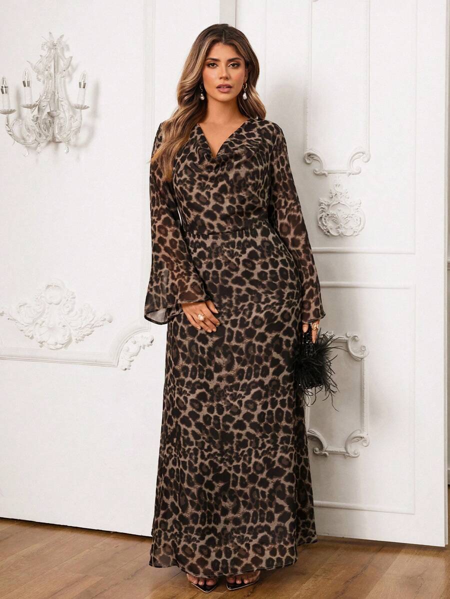 SHEIN VCAY Plus Size Leopard Print Flare Sleeve Loose Fit Dress,Beach Dress Sundress,Holiday Outfits Boho - Multicolor - View 1