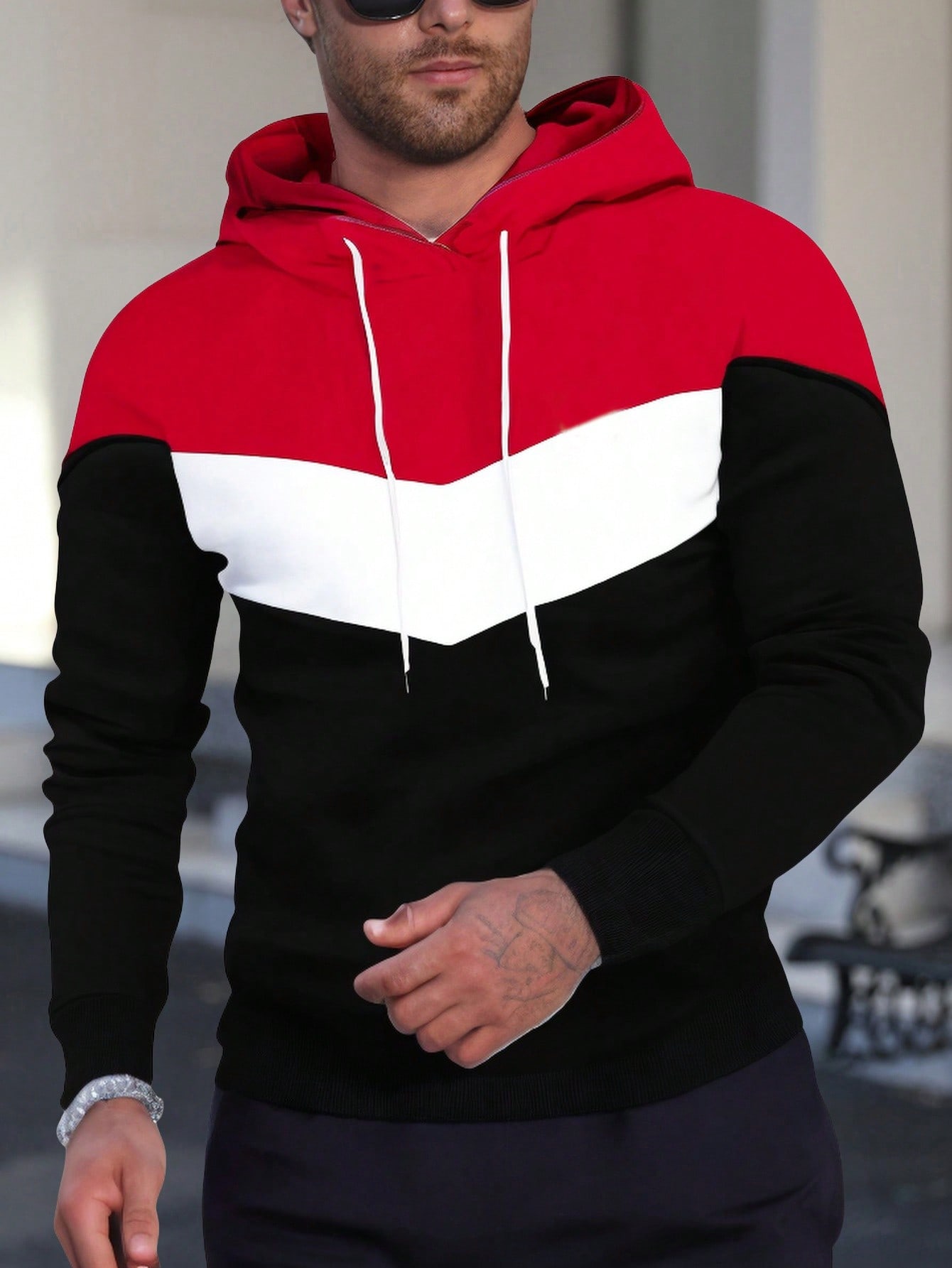 Men's Autumn/Winter Colorblock Drawstring Hooded Casual Sweatshirt