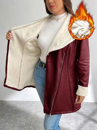 SHEIN Privé Plus Size Autumn/Winter Chic Sexy Elegant Faux Fur Collar PU Composite Fleece Waist Jacket, PU Fur Collar Waist A-Line Skirt Jacket