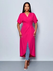 SOLERSUN Magenta Women's Summer Elegant Party Wrap Rose Red Seaside Holiday Valentine's Day Gown,Festive Commuter Long Shirt With Elegant Hem - Hot Pink - View 3