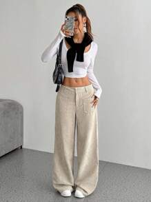 Flirla Pantalones rectos sueltos simples de pana con botones delanteros y bolsillos de unicolor