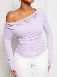 SHEIN SXY Elegant Lady Lace Panel Light Purple Shoulder T-Shirt - Mauve Purple - View 7