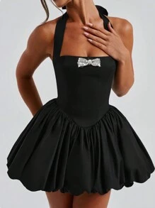 INAWLY Women's Rhinestone Bowknot Decor Backless Party Mini Dress, For Valentine's Day - Black - View 5