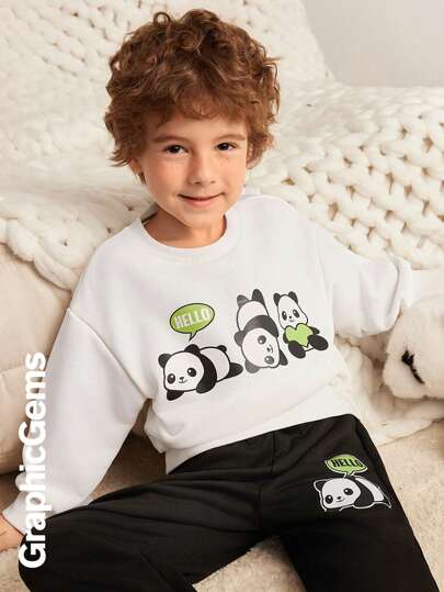 2pcs Kids Cartoon Panda Print Crew Neck Long Sleeve Sweatshirt And Pants Casual Outfit