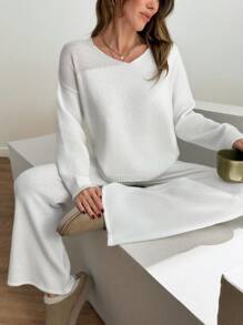 EURMUSE Round Neck Contrast Color Casual Versatile Long Sleeve Sweater And Sweater Pant 2ocs 2 Piece Set Co-Ords - Cream - View 3