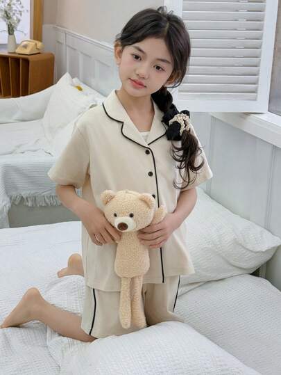 DAZY 青少年女孩 2 件套撞色饰边按扣前上衣和短裤休闲睡衣套装