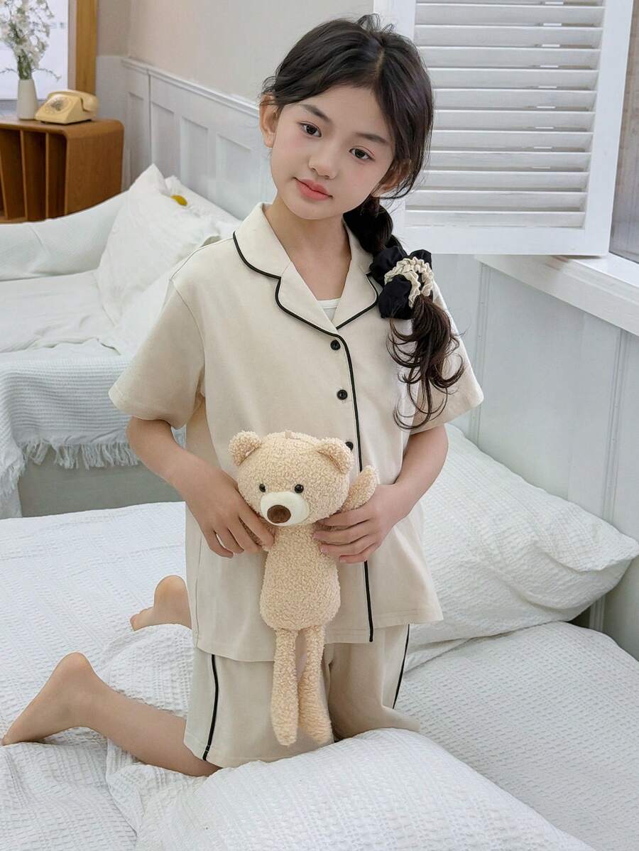 DAZY 青少年女孩 2 件套撞色饰边按扣前上衣和短裤休闲睡衣套装 - 杏色 - 查看 1