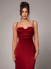 Silquee Women's Simple Elegant Party Solid Color High Quality Satin Spaghetti Strap Maxi Dress With Contrasting Lace, Suitable For Cocktail Parties, Romantic Dates, Formal Parties, Weddings, Bridesmaid Dresses, Evening Dresses, Daily Commute, Valentine's Day, Valentine's Day, Valentine's Day Dress , Girls Valentines Outfit, Burgundy Red Dress