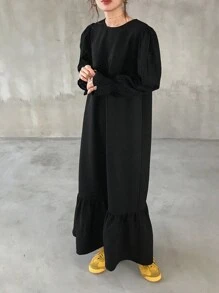 FRIFUL Women's Solid Color Round Neck Ruffle Long Sleeve Loose Casual Dress, Autumn - Black - View 2