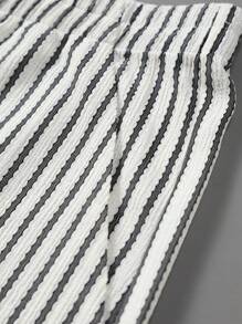 Manfinity Homme Men's Front Button Short Sleeve Striped Minimalist Top And Shorts Casual Set, For Tennis - Black and White - View 5