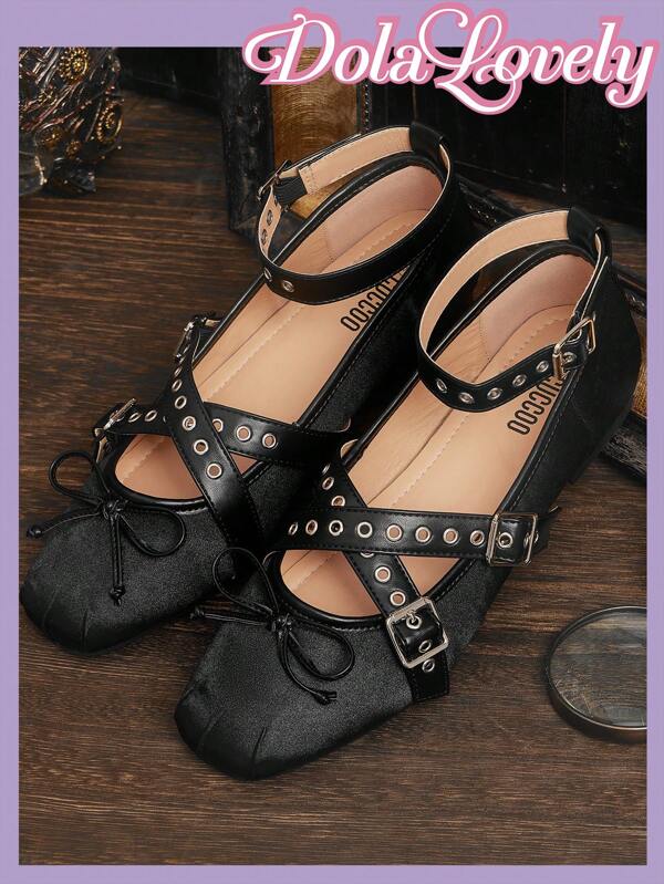 Dola Lovely Balerini de primăvară, drăguți, albastru din satin, cu cataramă metalică încrucișată, pantofi plati de damă, dulci, eleganti, dimensiuni mari