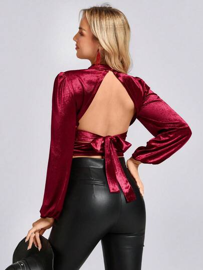 SHEIN LUNE Blusa de mujer con lazo en la espalda abierta, adecuada para el Día de San Valentín, Año Nuevo y fiestas