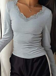 SHEIN Teen Girl's V-Neck Lace Trim Fitted Soft Comfortable Ribbed Long Sleeve Shirt, Grey Color - Grey - View 5