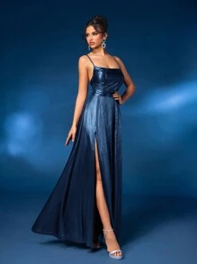 Glamrae Vestido Longo Elegante e Luxuoso Sem Costas com Amarração e Fenda Alta, Adequado para Formatura, Festa, Eventos Formais, Vestido de Convidada de Casamento, Vestido de Festa - Azul Royal - Visão 4