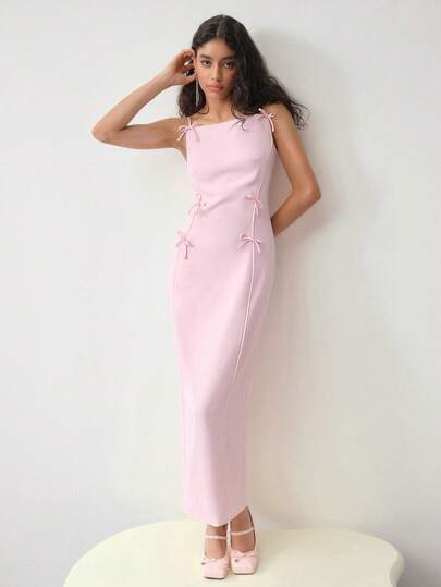 MOTF STUDIO BOW DECOR SPLIT HEM MAXI CAMI DRESS, VALENTINE'S DAY OUTFIT