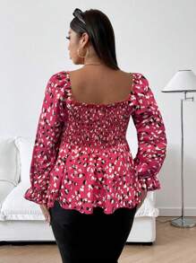 Franclia Camisa holgada casual de manga larga con estampado todo sobre cuello cuadrado talla grande