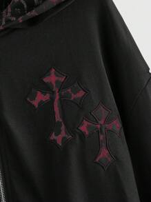 ROMWE Goth Women Leopard Print Cross Mock 2-In-1 Zipper Hoodie - Burgundy - View 3