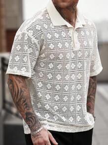 Manfinity CasualCool Men's Casual Daily And Beach Vacation Style, INS Matching Item: Fashionable, Romantic, And Elegant Textured Cream White Short-Sleeve Polo Shirt With Button-Down Front. This Polo Shirt Is Perfect For Spring And Summer, Ideal For Hawaiian Beach Vacations, And Suitable For Valentine's Day Couples, Making It A Great Gift For Boyfriends Or Husbands