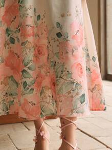 Anewsta Französischer Stil Tiefer V-Ausschnitt Positionsdruck Ärmellos Midi Blumenkleid für Frauen