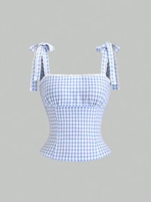 Sweetra 女士清爽简约蕾丝拼布格子吊带背心，夏季和春季度假