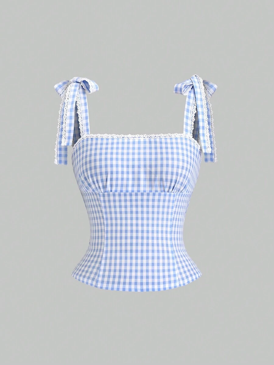 Sweetra 女士清爽简约蕾丝拼布格子吊带背心，夏季和春季度假