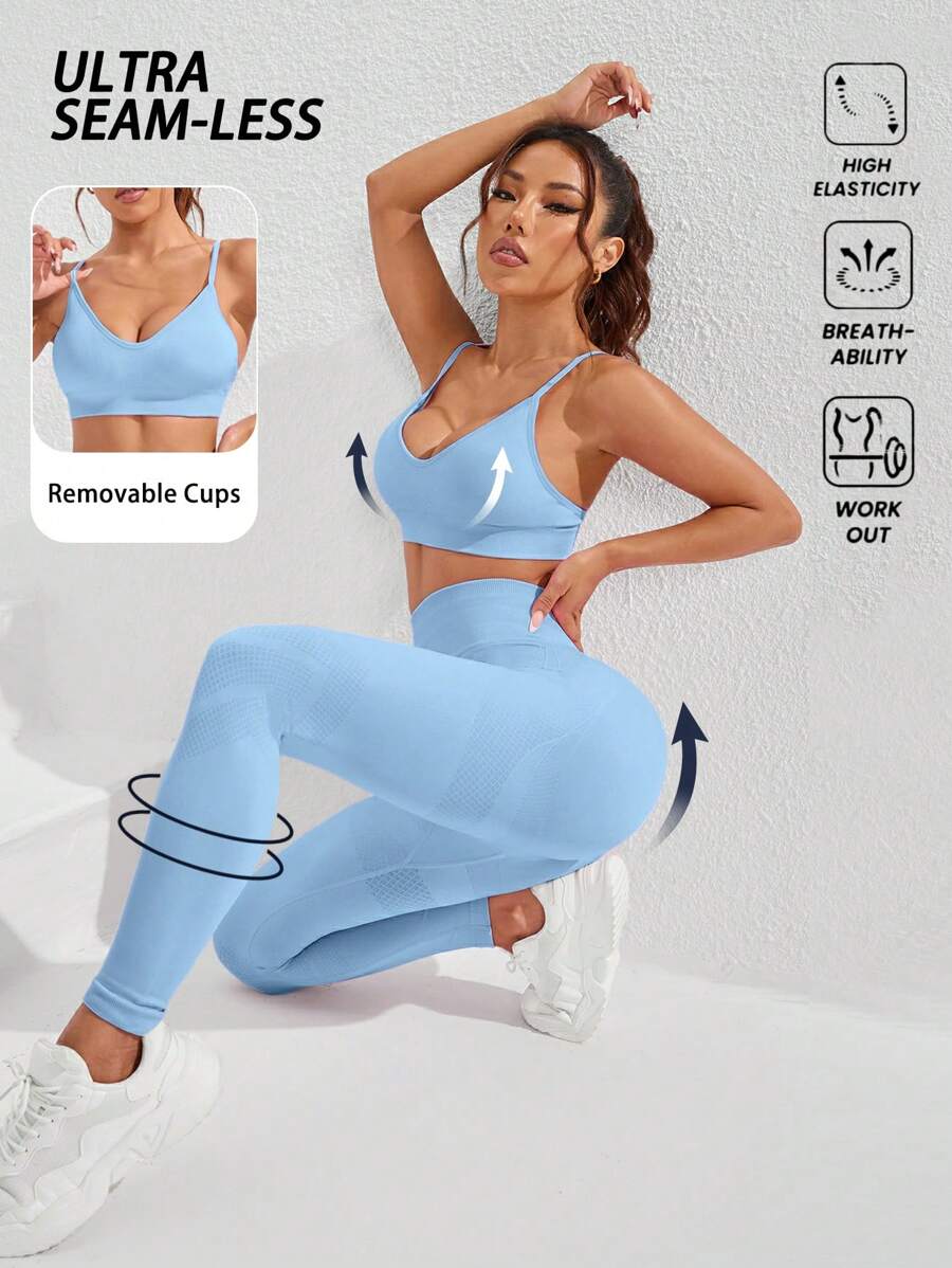 Gameset SHEIN Sport 2 件套女士简约无袖细肩带上衣和长裤无缝瑜伽运动服套装女士健身套装 - 淺藍色 - 查看 1