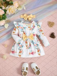 SHEIN 女婴圣诞红格子雪花装饰休闲连衣裙，舒适秋冬，适合新年装和日常休闲装 - 白色 - 查看 8