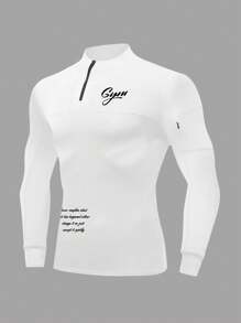 Manfinity Sport Corelite 男式口号印花半拉链领白色长袖运动 T 恤 - 白色 - 查看 2