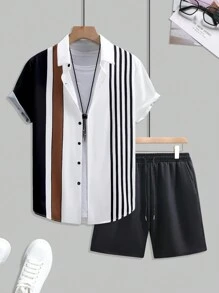 Manfinity Homme 男士条纹短袖单排扣衬衫和短裤休闲西装夏季服装黑白时尚夏装，舒适服装