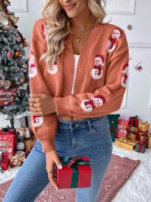 Chiquease Chaqueta de suéter holgada con bordado de muñeco de nieve navideño informal y ribete de piel sintética, de y cálida para otoño/invierno