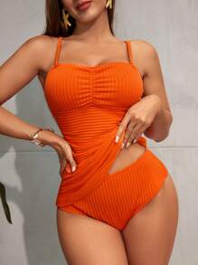 Swim Lushoire Tankini casual para mujer con bandeau fruncido de unicolor para verano