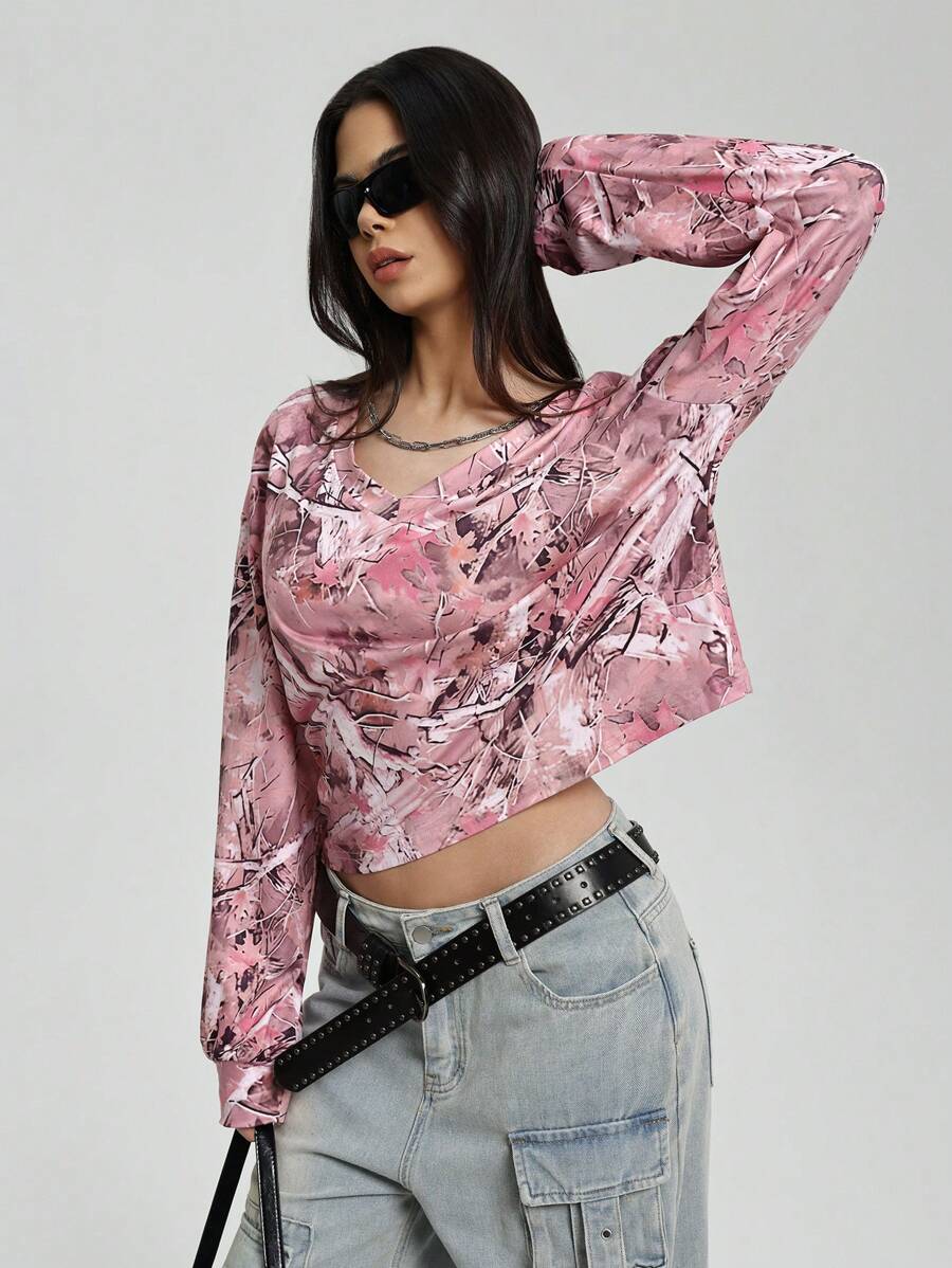 StreetHx Vintage Camouflage Maple Leaf Print Casual V-Neck Loose Long Sleeve Pullover Sweatshirt For Women, Autumn/Winter (Random Cut) - Multicolor - View 1