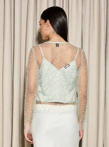 AiiRZ Elegant Sheer Mesh Overlay Evening Two-Piece Set With Sequin Embellishments Special Occasion Party Wear With Sleek White Skirt And Mint Green Cami - Green - View 2