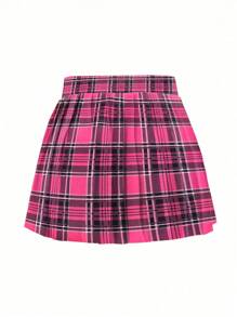 INAWLY 女士时尚格子褶皱迷你裙 - 玫紅色 - 查看 3