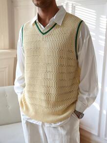 Manfinity Homme Men's Solid Color V-Neck Sleeveless Casual Knit Vest