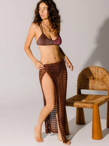 Aralina Resort Brown Crochet Wrap Beach Swim Holiday Maxi Skirt - Coffee Brown - View 1