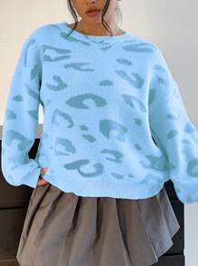 Flirla Suéter de punto de talla grande con cuello redondo y ajuste holgado con estampado de leopardo, otoño/invierno