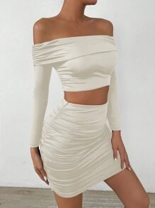 Allurite Set de 2 piezas para mujer: Top corto de manga larga con hombros descubiertos y falda lápiz de cintura alta