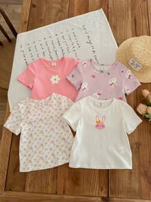 4pcs Baby Girls Cute Cartoon Striped Short Sleeve Knit Tops Set, Summer Graphic - Multicolor - View 2