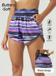 Easithlete Quần short cạp chun kẻ sọc cho nữ dáng rộng thoải mái - Nhiều màu - Xem 1