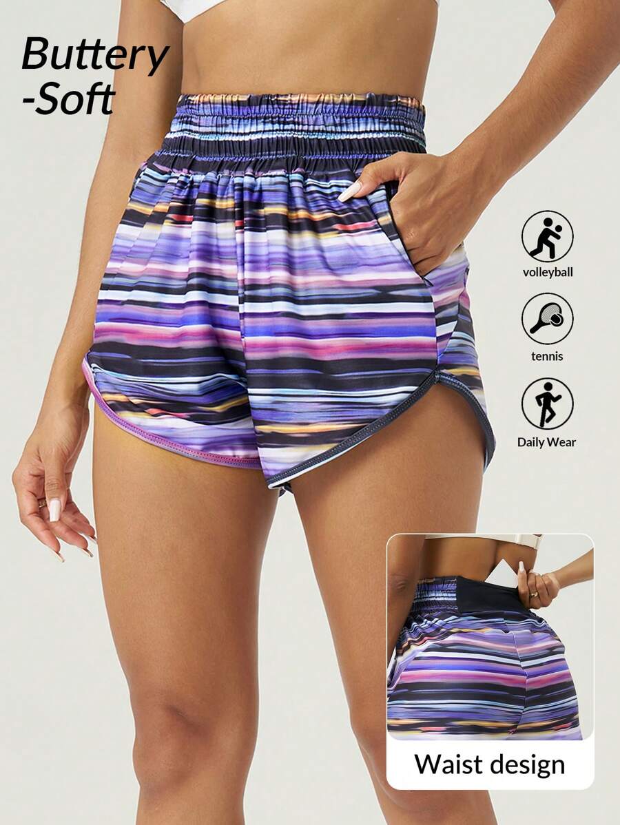 Easithlete Quần short cạp chun kẻ sọc cho nữ dáng rộng thoải mái - Nhiều màu - Xem 1