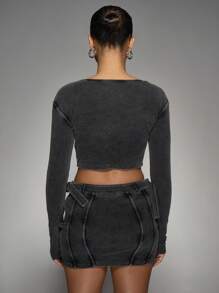 MISSGUIDED Ribbed Denim Two-Piece Set Corset Crop Top And Mini Skirt Coordinated Outfit Party Club Y2K Fashion Streetwear Zip-Up Co-Ord Set - Black - View 2