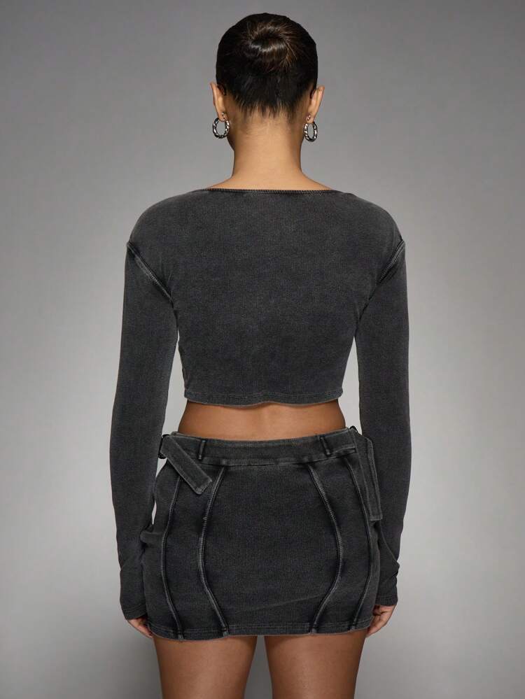 MISSGUIDED Ensemble deux-pièces en denim côtelé, top court en corset et mini-jupe, tenue coordonnée pour fête, club, mode Y2K, streetwear, ensemble coordonné avec fermeture éclair