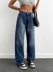 EURMUSE 100% Cotton HIGH RISE ASYMMETRIC BELT STRAIGHT CUT JEAN - Dark Wash - View 5