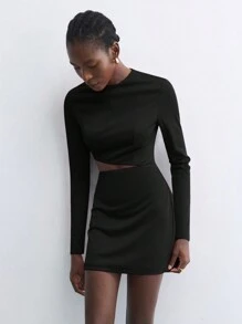 Maija 女士优雅镂空圆领长袖黑色迷你连衣裙，适合节日派对和日常穿着，早春 - 黑色 - 查看 4